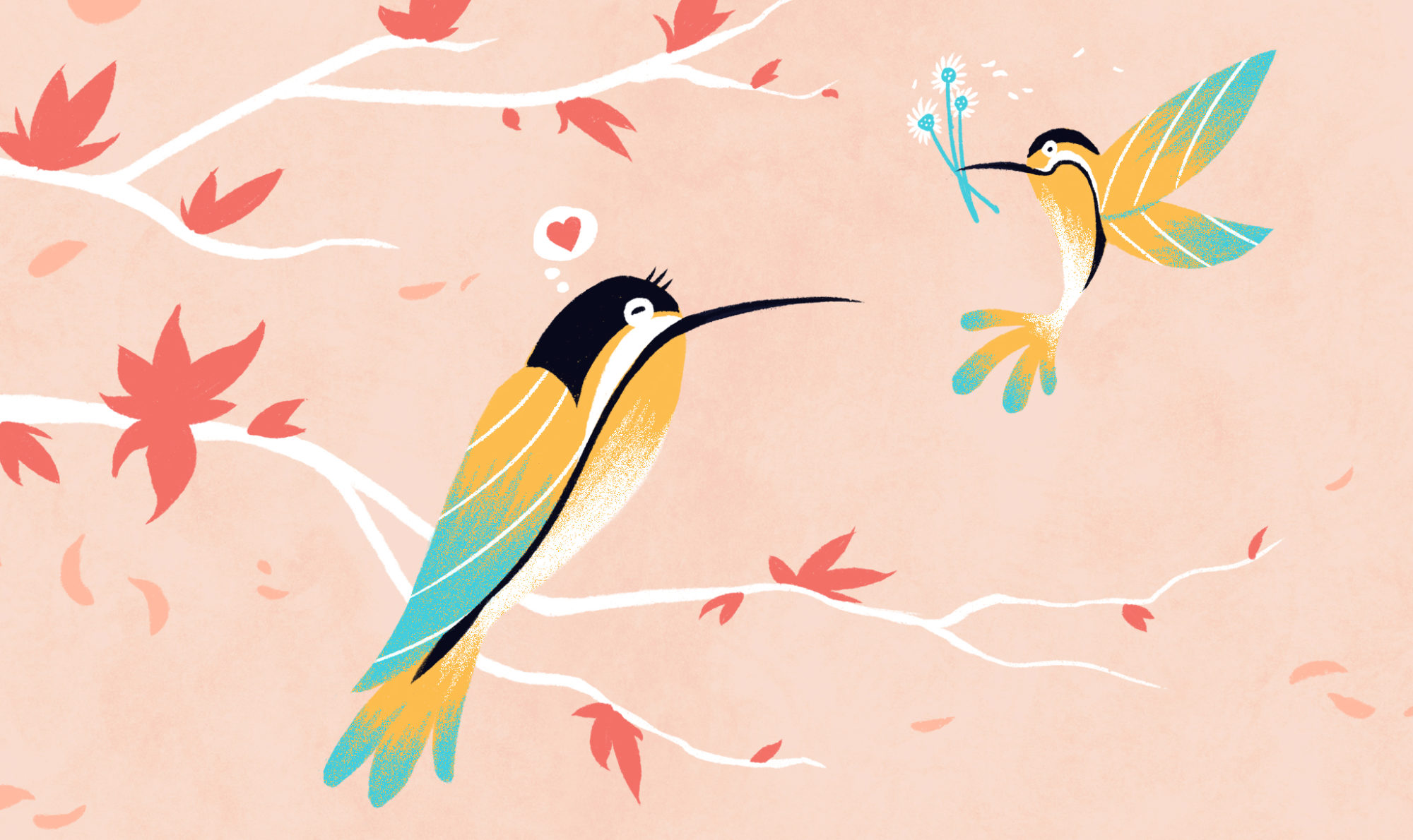 Illustration of baby hummingbird giving its mum a gift for Mother's Day
